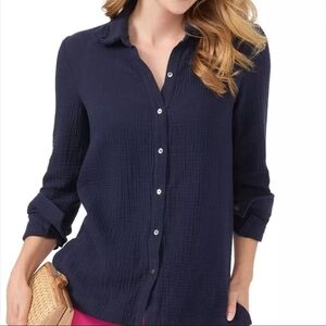 J McLaughlin Women's Purcell Dbl Gauze Lng Sleeve Button Down Shirt Navy Blue XS